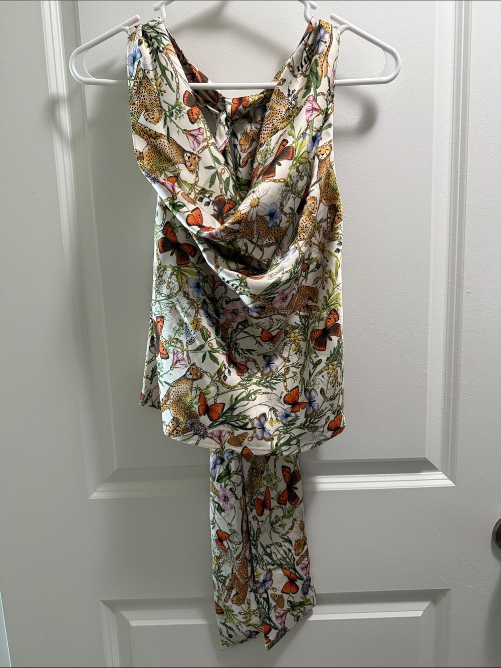 Printed Cowl Neck top- Butterfly & Leopard Print in Cream